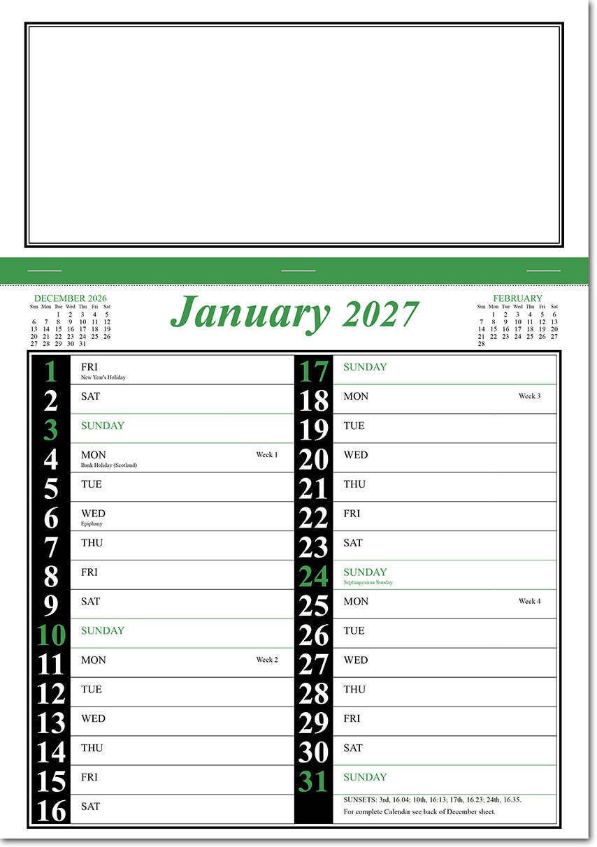 Green & Black Memo Postal Saver Calendar